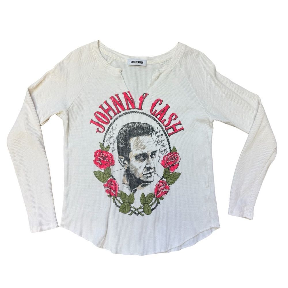 Johnny Cash Roses Notch Neck Thermal by Daydreamer Johnny Cash Waffle Top S